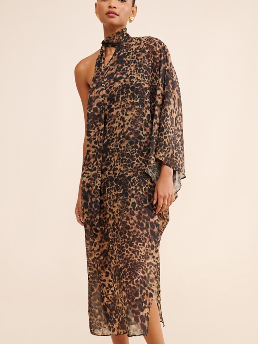 One-Shoulder Leopard Print Midi Dress in Brown